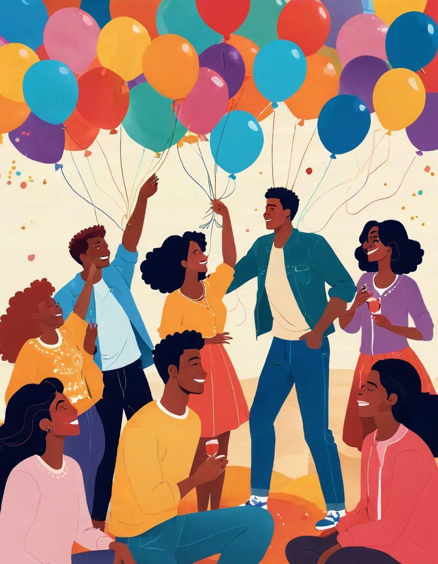 A whimsical and vibrant illustration of a diverse group of adults enjoying playful activities together, surrounded by colorful balloons and playful decorations. Incorporate elements of flirtation and connection, such as laughter, playful glances, and a cozy atmosphere that hints at intimacy. Use warm tones and soft lighting to create an inviting ambiance. Include light-hearted motifs like hearts, playful icons, and subtle erotic undertones to evoke a sense of fun and adventure. vector art. vibrant colors.